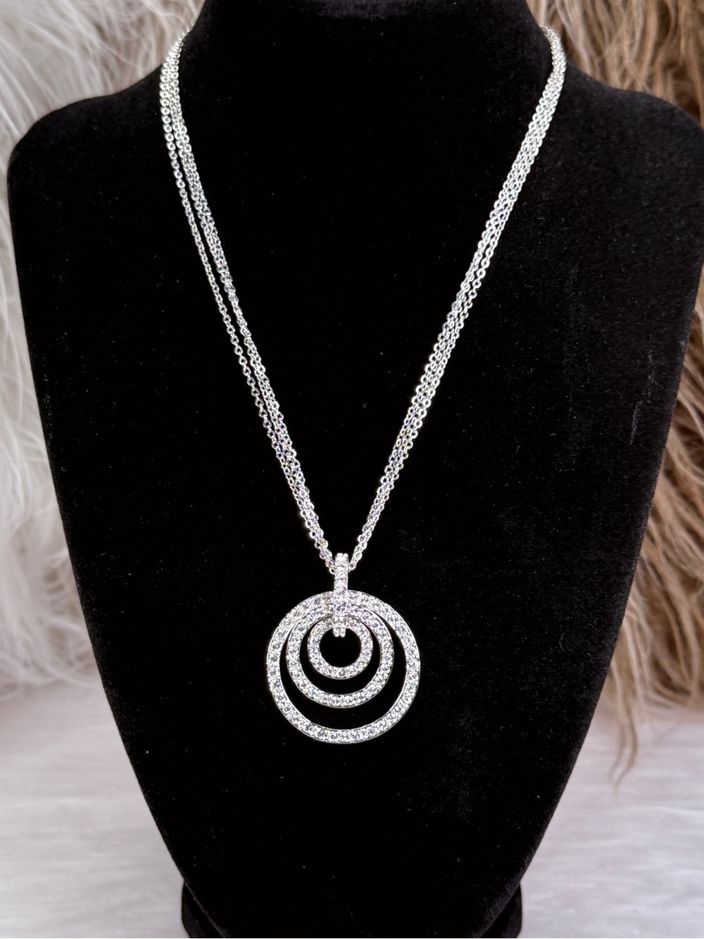 Nolan Miller Triple Circle Clear Accent Silvertone Pendant Multi Chain Necklace